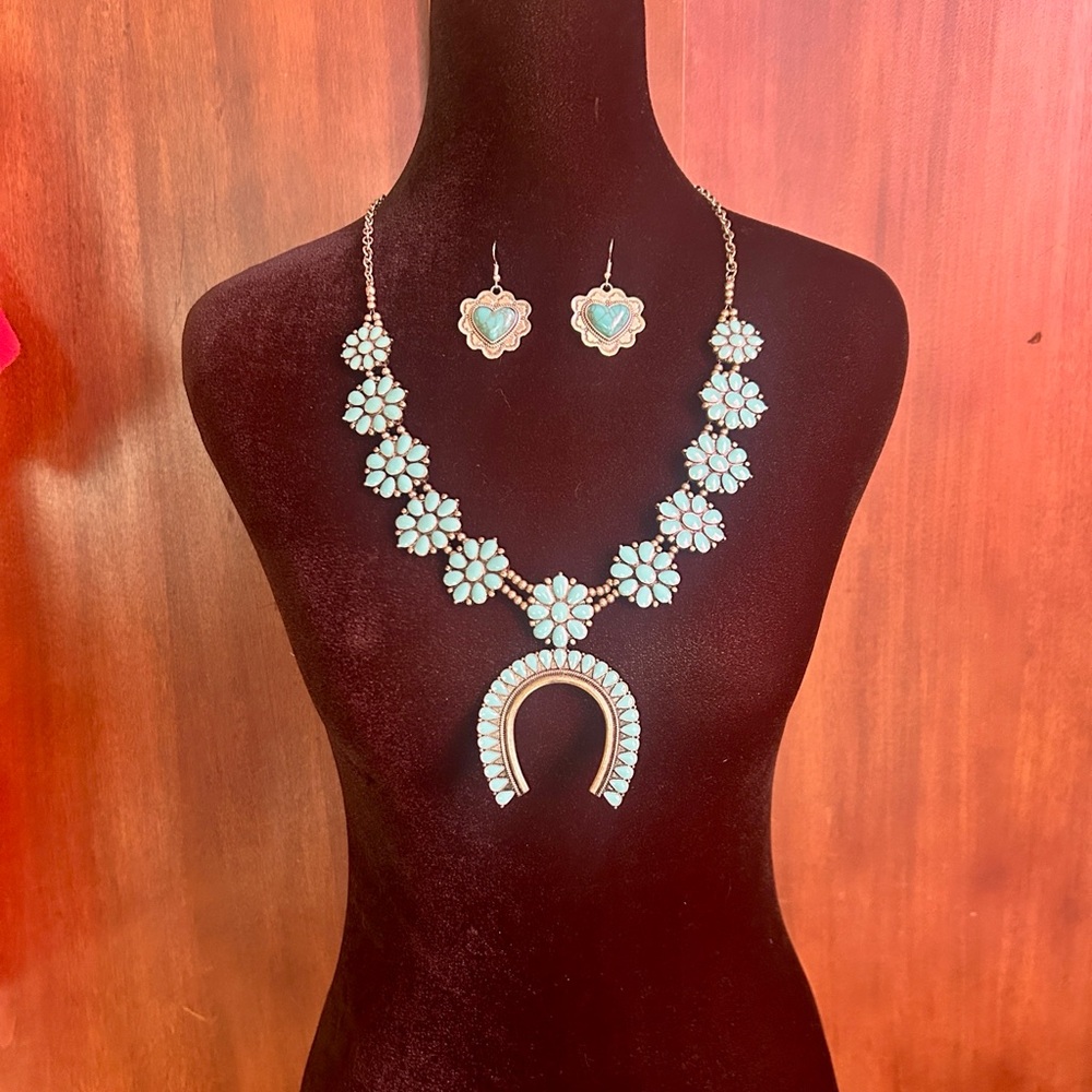 70s 80s Costume Turquoise Squash Blossom Necklace Set